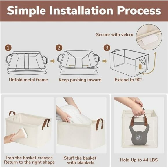 Set of 2 Large Beige Storage Bins with Handles for Closet Shelves Organizer - Picture 5 of 7